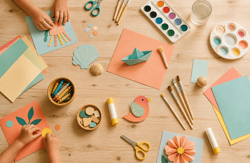 Manos infantiles haciendo manualidades sobre una mesa